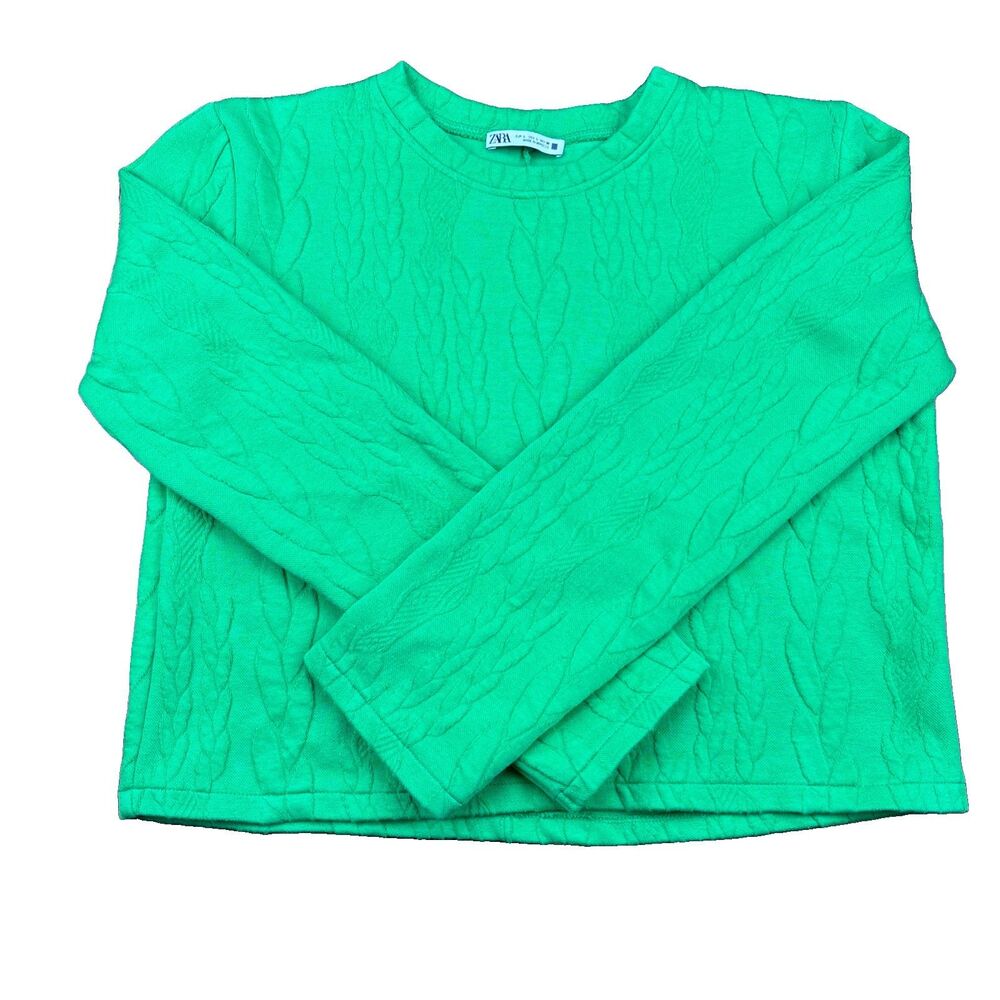 Zara Green Faux Cable Knit Boxy Cropped Women's Sweatshirt Large